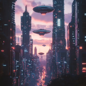 Science Fiction futuristic city with flying saucers/space ships flying downtown.