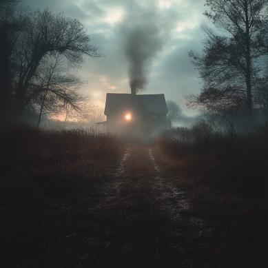 Horror story rural cabin with one light on