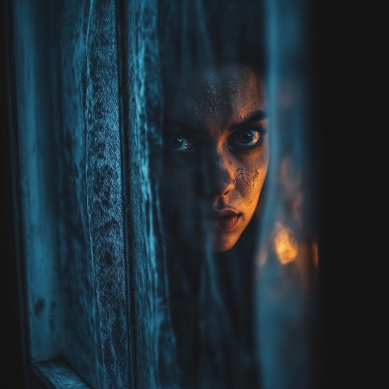 Scared woman staring at us through her window curtains
