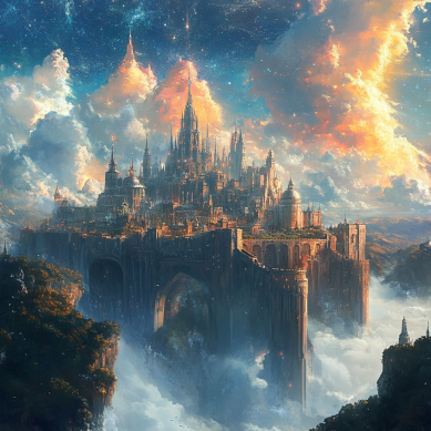 Create a Sense of Mystery and Discovery: High fantasy floating island in the clouds.