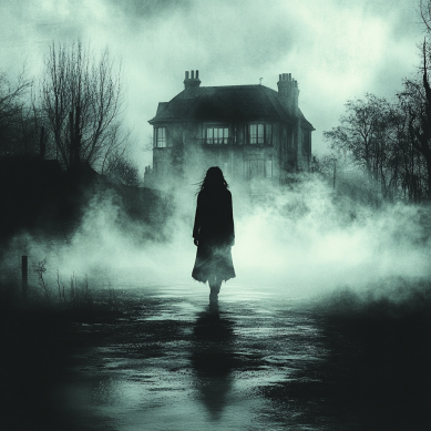 Silhouette of woman walking up to a mist, dark, scary mansion.