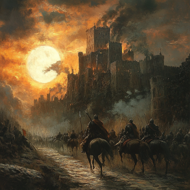 Establish a Political Landscape: Knights marching on a castle