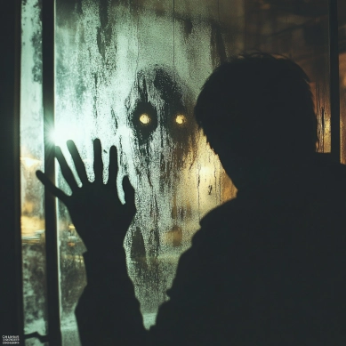Man looking out humid window with face appearing on it