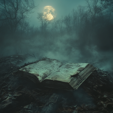 Horror story book in the woods under the moonlight.