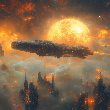 Sci-Fi spaceship flying around an alien world with a large moon lighting the background.