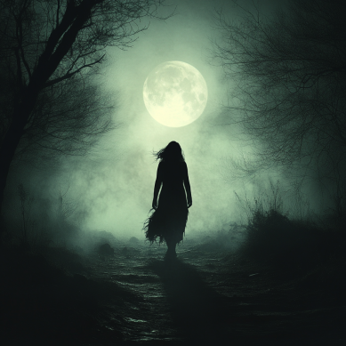 Woman walking through a dark misty forest at night under the full moon.