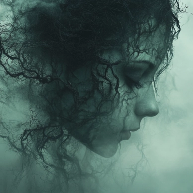 Face of a woman covered in dark tendrils.