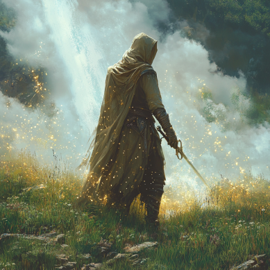 The Phoenix Heir: Man standing in a misty field holding a sword.