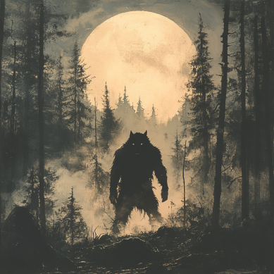 Werewolf in the woods under a full moon.