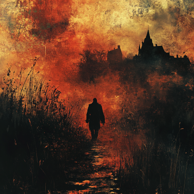Unsettling painting of a man walking alone down a path to a town or manor.