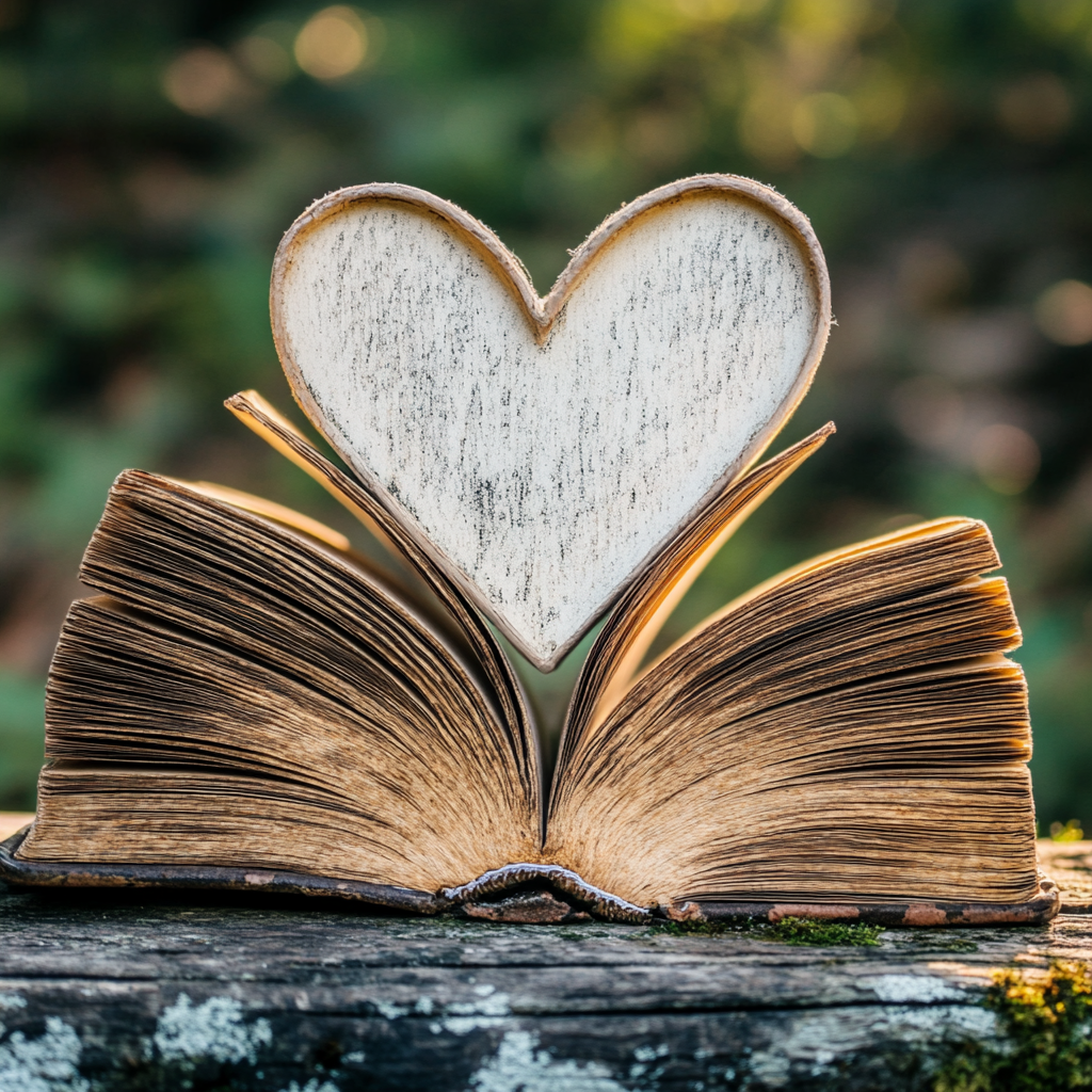 Open book with a wooden heart between the pages.