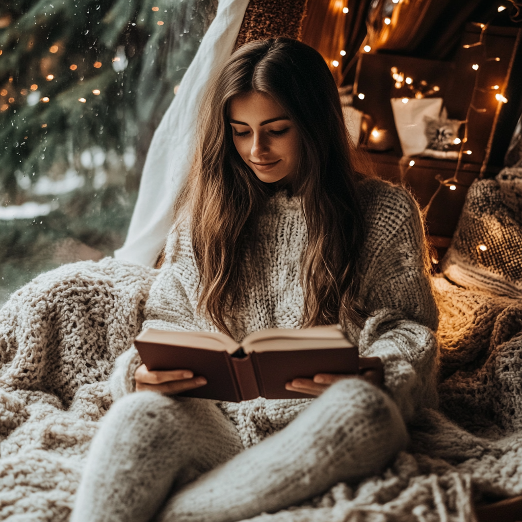 Woman reading a cozy mystery novel