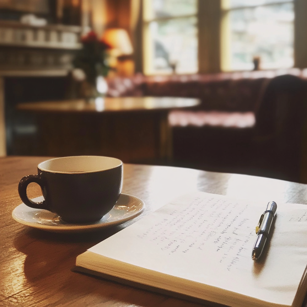 Notebook with pen and coffee cup resting on a table in a cozy coffee shop.