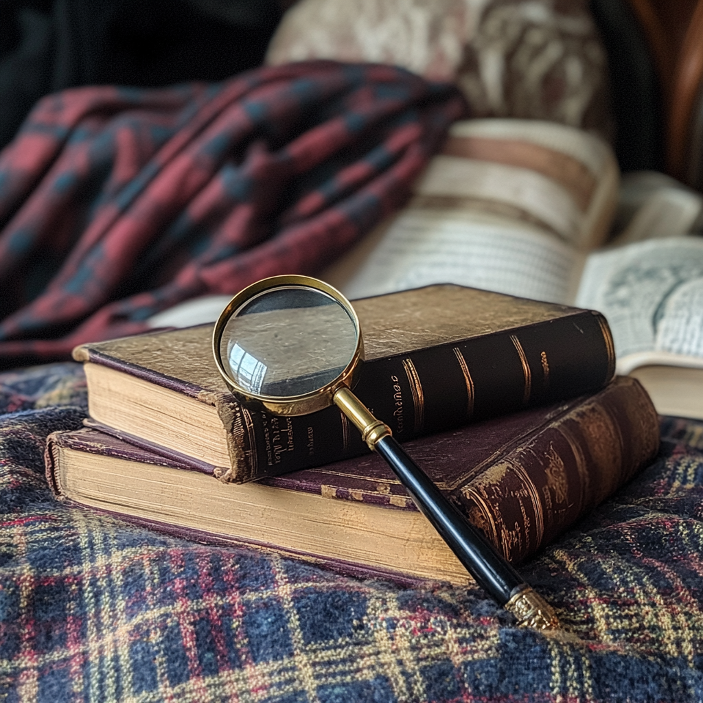 Magnifying glass resting on old books on a cozy blanket.