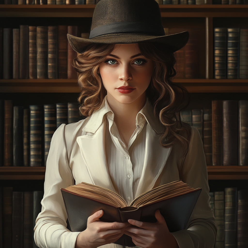 Female detective holding an open book.