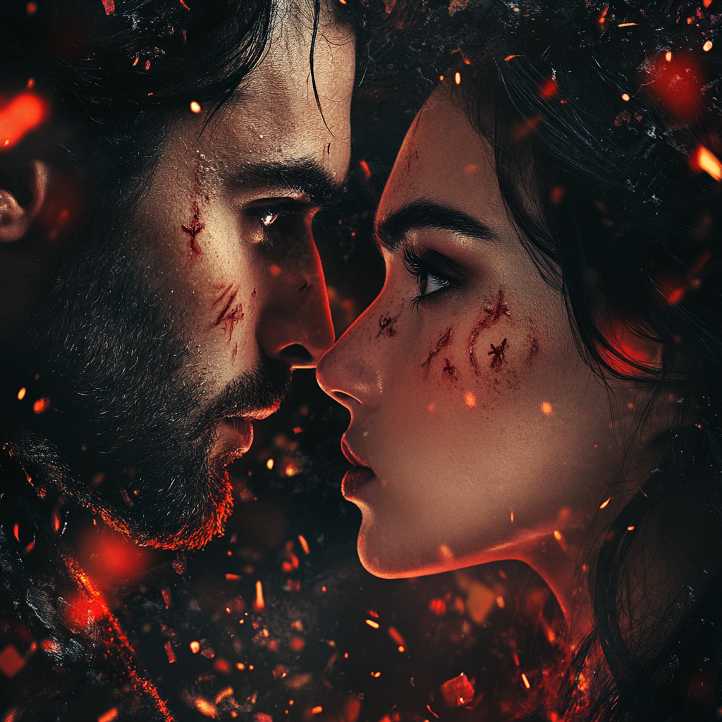 Create Emotional Conflict and High Stakes. Man and woman face to face covered in scratches andsurrounded by embers.