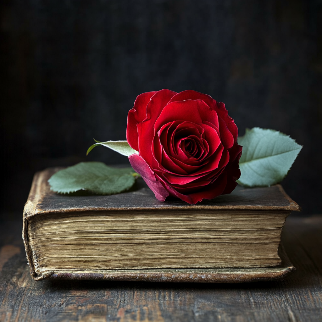Old romance book with a rose placed on top of it.