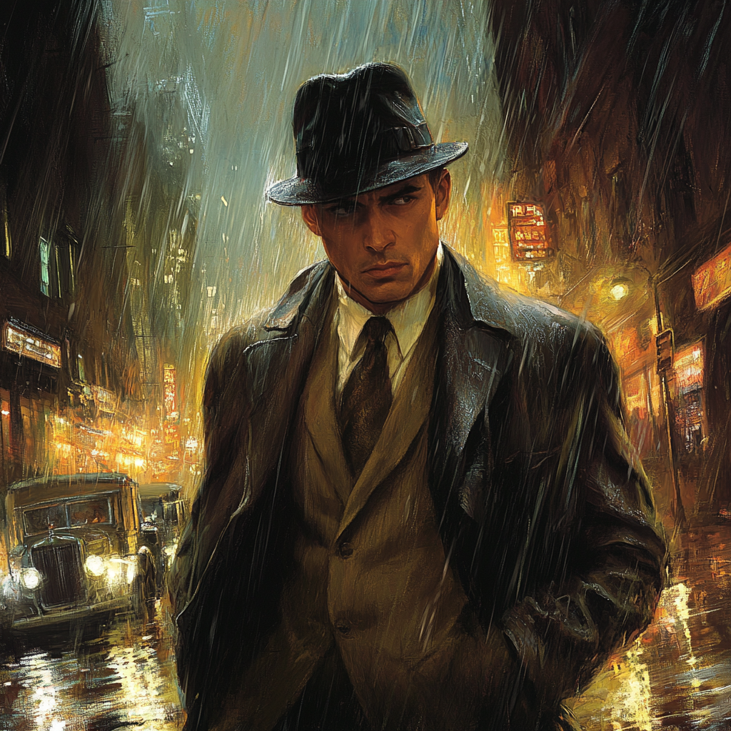 Oil painting of a detective walking in a city downtown in the pouring rain.
