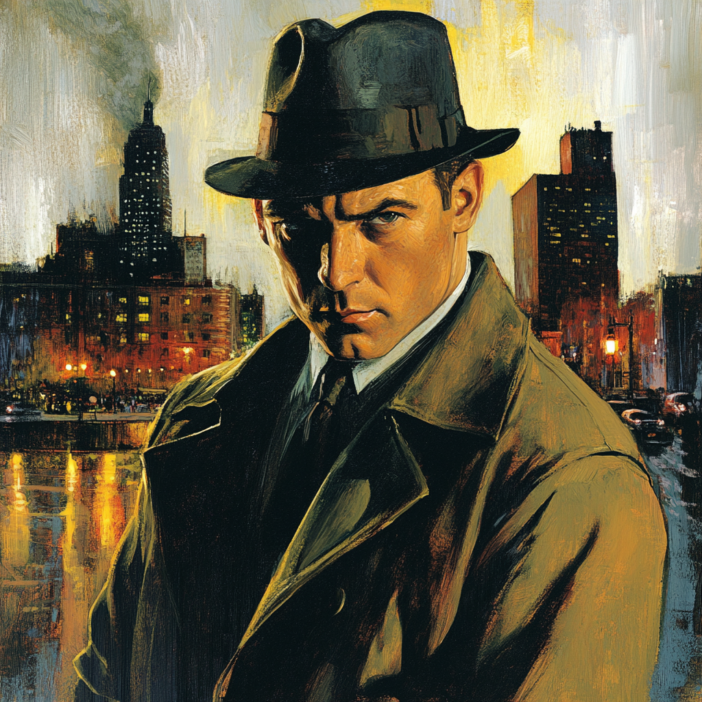 Develop a Distinctive Personality. Oil painting of a Hard boiled detective staring at camera with city behind him.