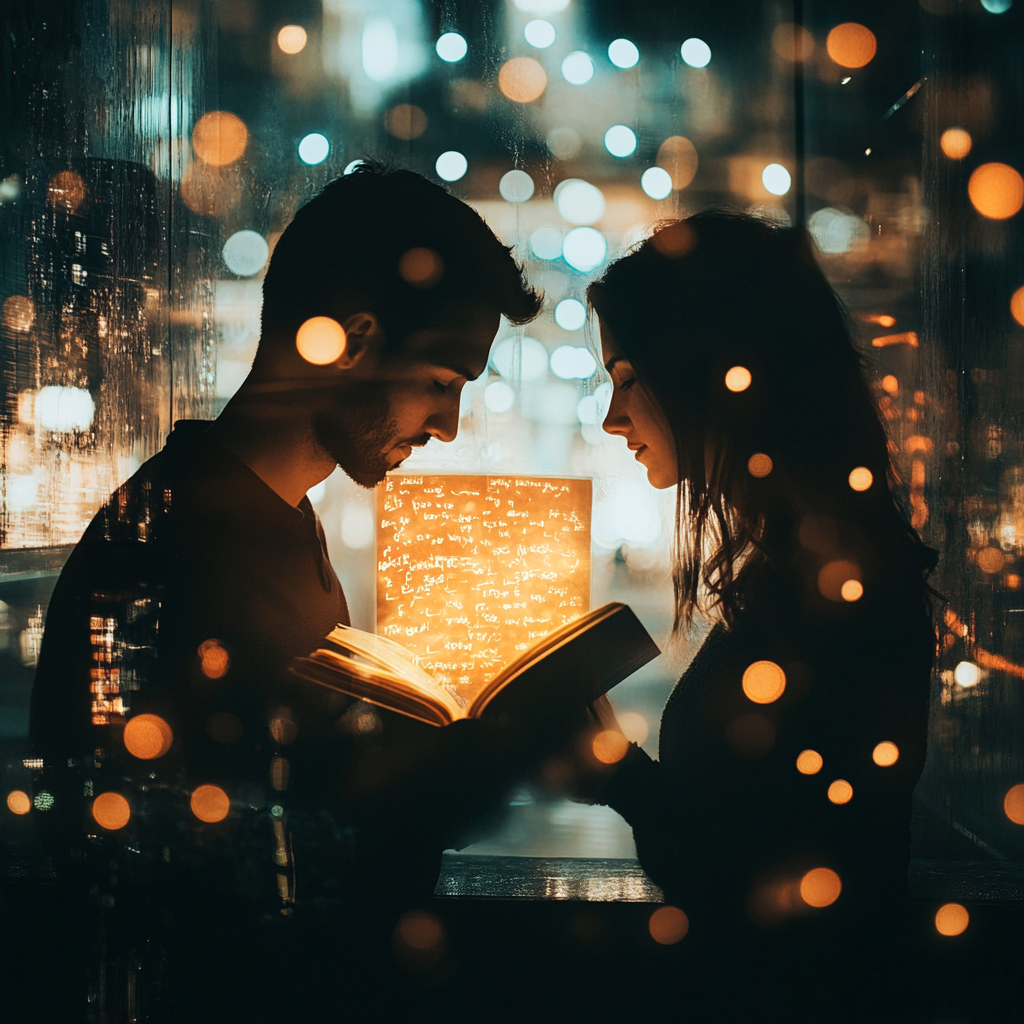 Embrace Slow-Burn Chemistry. Man and woman surrounded by lights staring at a book together.
