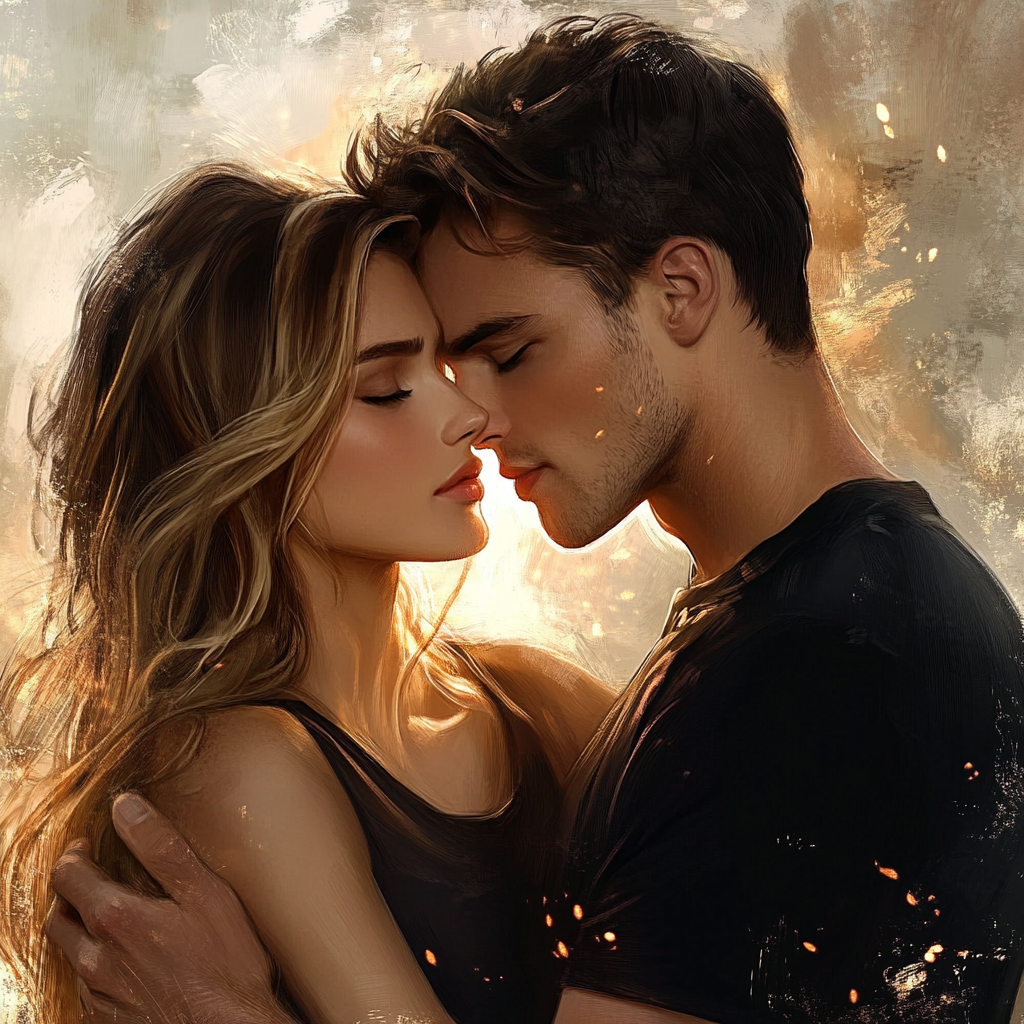 Man and woman in an embrace, about to kiss.