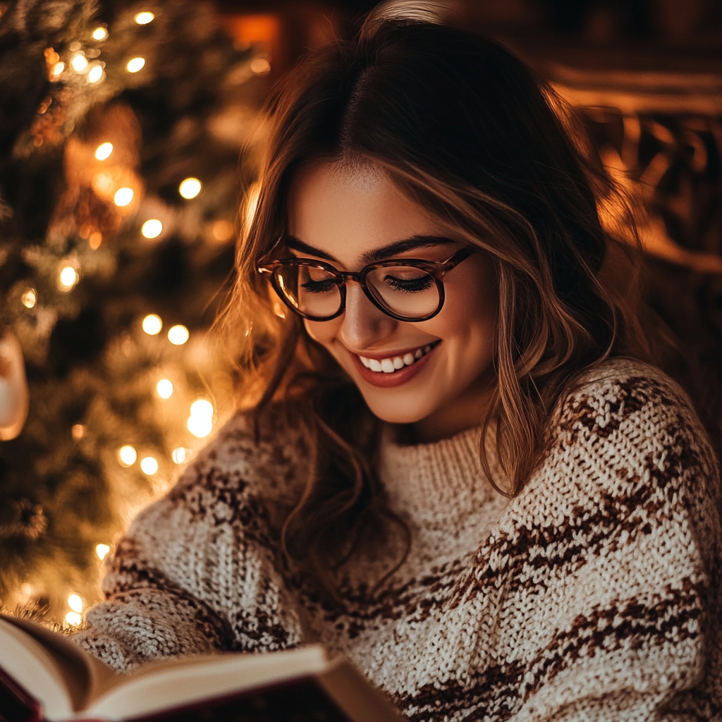 Woman in cozy sweater smiling at an open book.