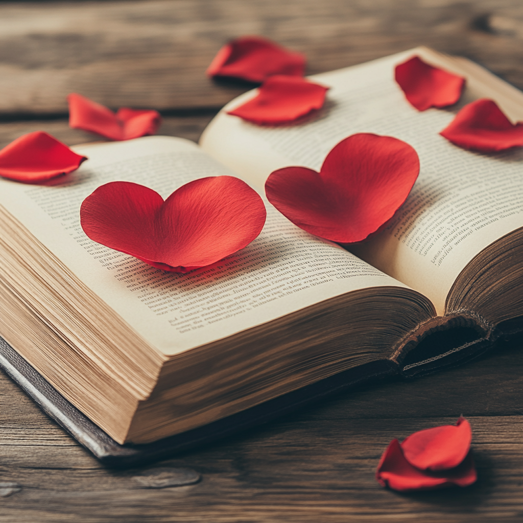 Open book with heart-shaped petals resting on the pages.