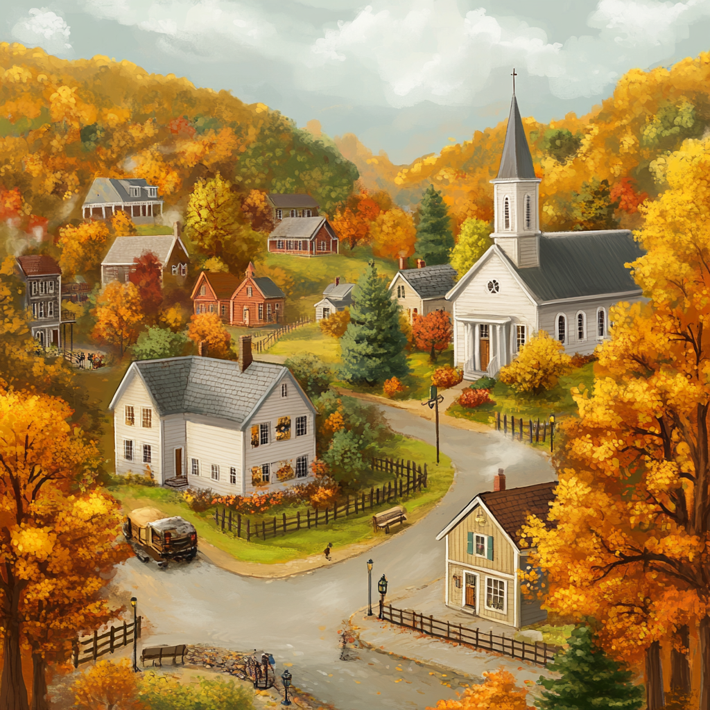 painting of a small town during Fall in a cozy mystery novel.