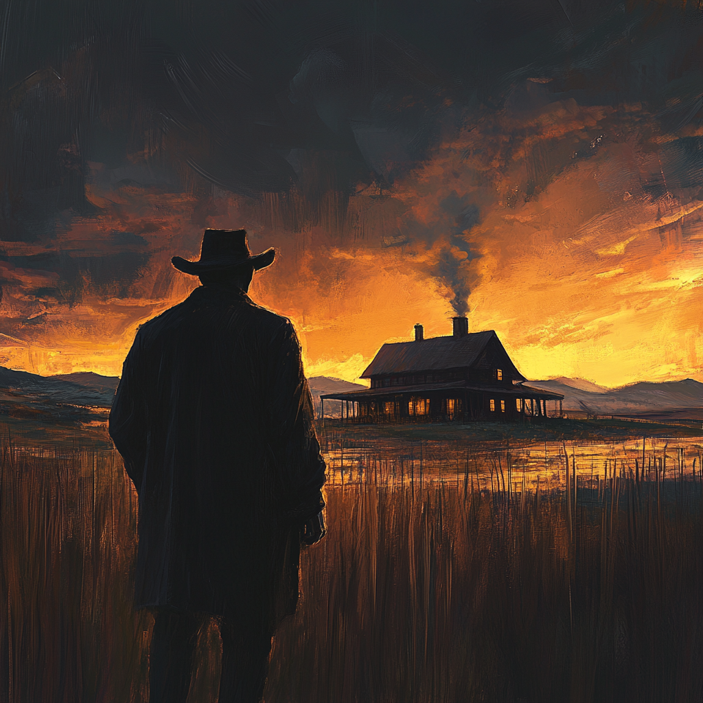 Set Your Detective in a Unique Environment. Oil painting of a detective on a ranch at sunset.