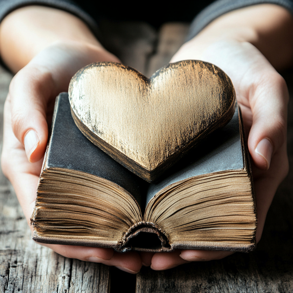 Show Growth and Change. Hands holding a book with a wooden heart on top.