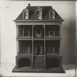 The Dollhouse. A Black and white faded photo of a dollhouse