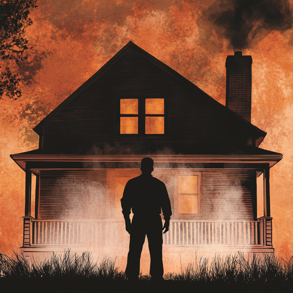 Man in front of burning building in a suspense thriller novel