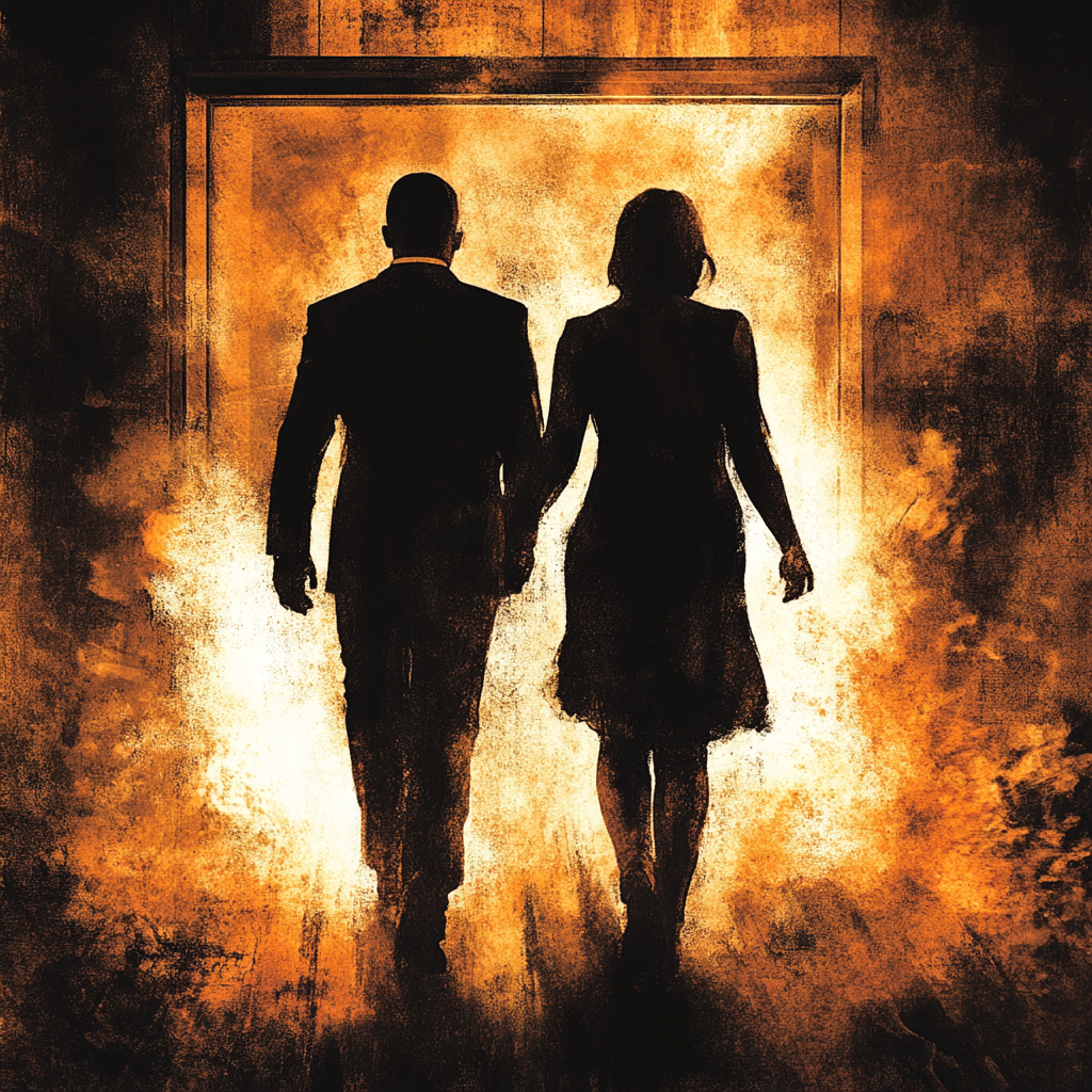 The Climax: Delivering the Payoff. Man and woman walking into burning building