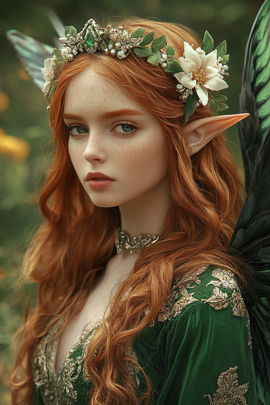 Creating Your Own Mythology. Red haired fairy woman wearing a green dress and flowers.