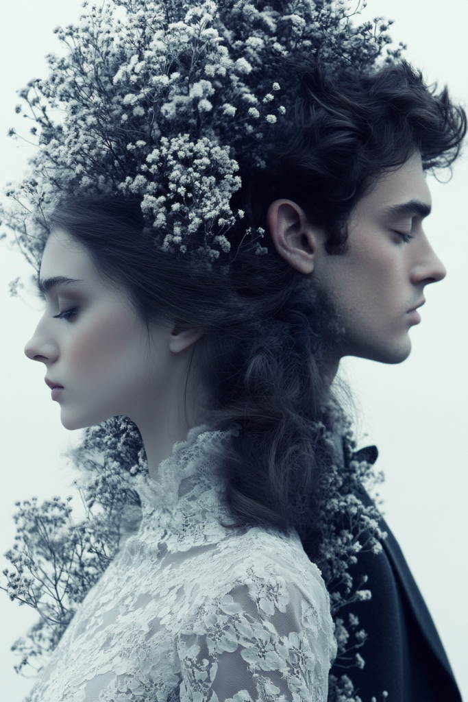 Writing Enemies-to-Lovers: How to Balance Angst and Love. Woman in white and man surrounded by flowers.
