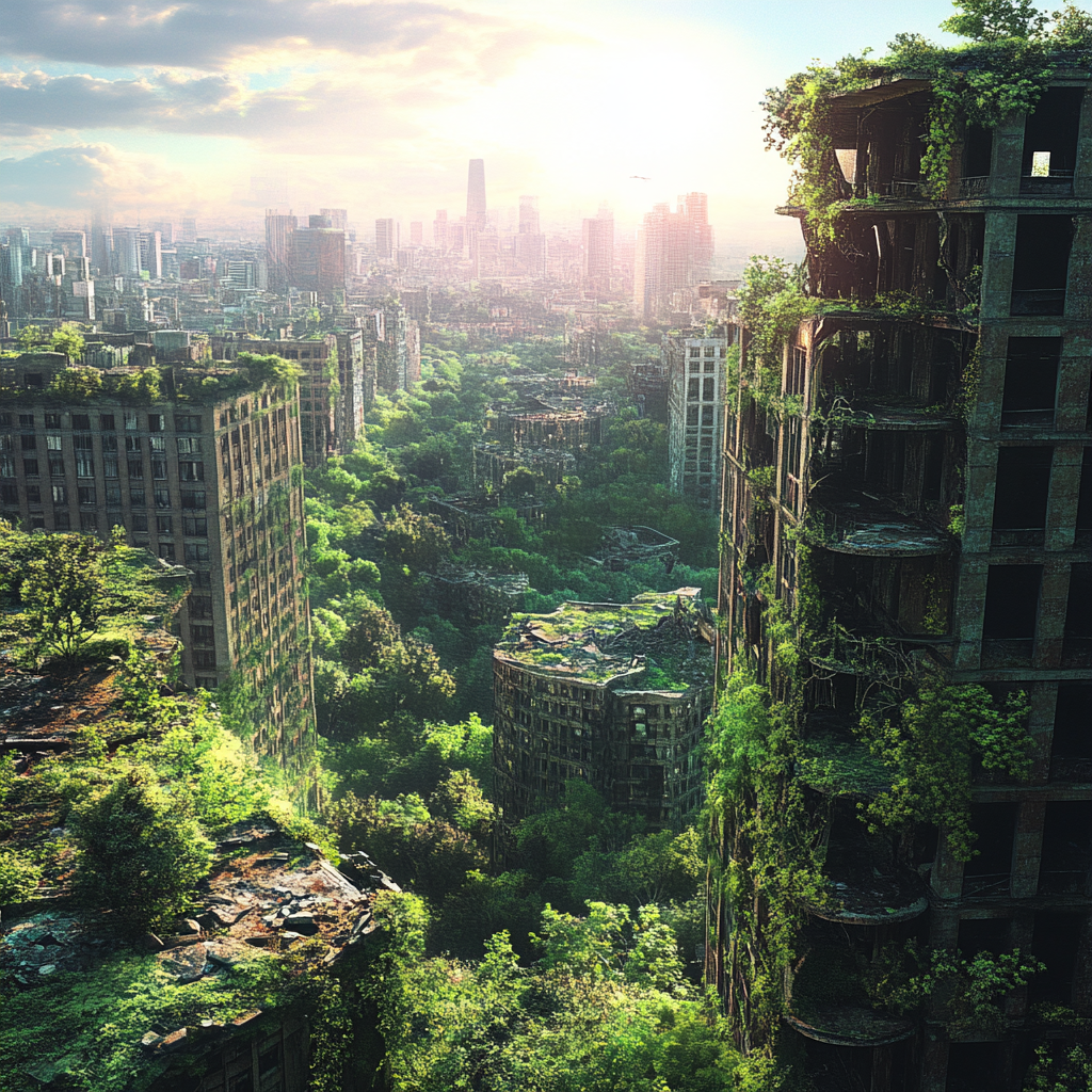 A post-apocalyptic city overgrown with nature reclaiming it.