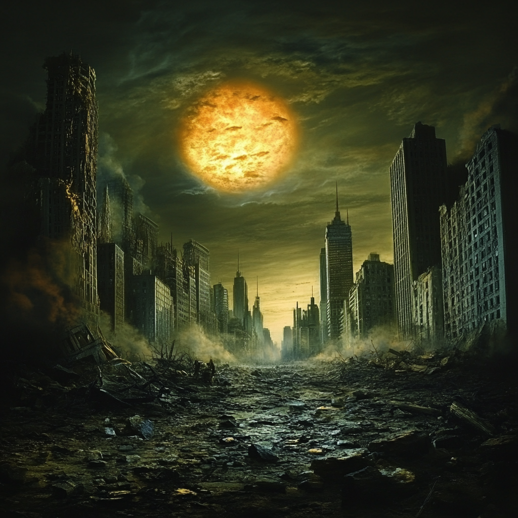 Post-apocalyptic city in the moonlight.