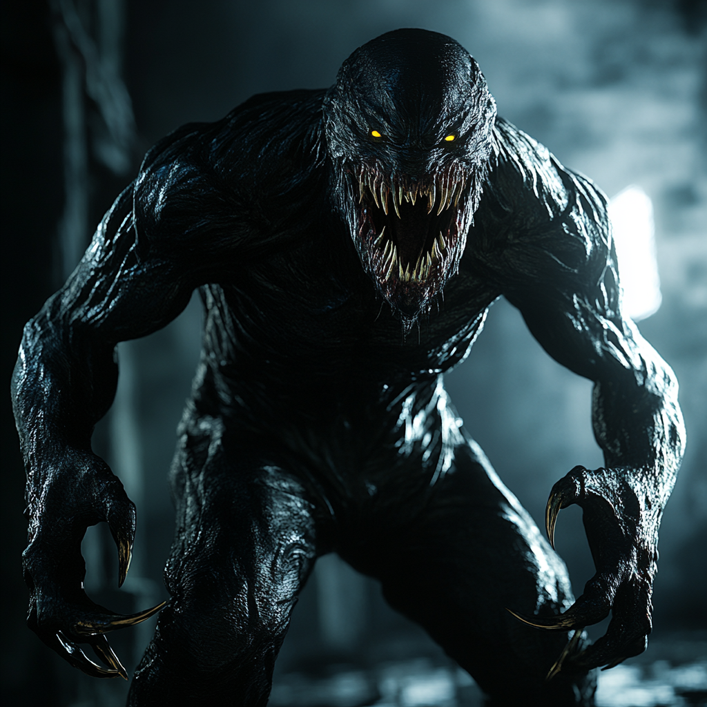Design a Truly Disturbing Appearance. Large black humanoid monster with rows of sharp teeth and huge claws.