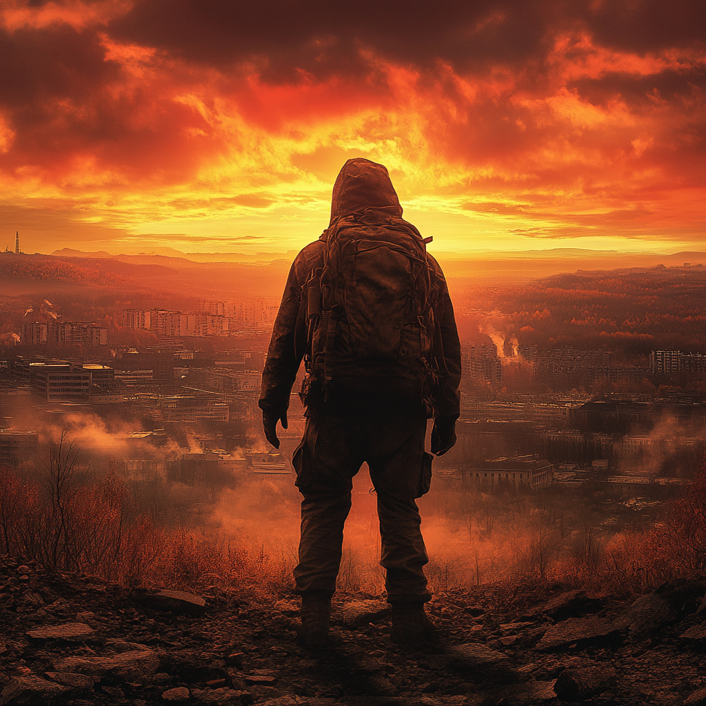 Man standing on a hill overlooking a post-apocalyptic town.