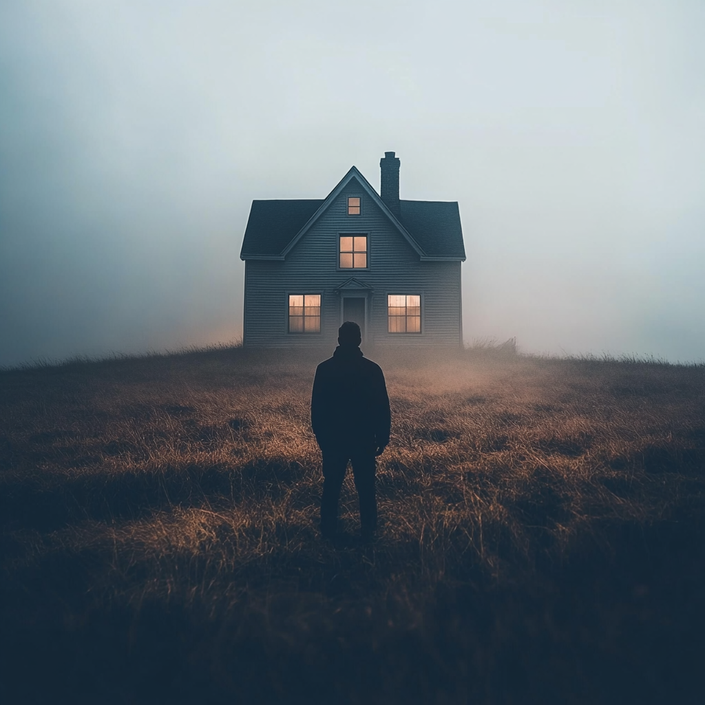 How to Make Remote Locations Feel Terrifying in Thriller Writing. Man standing in front of lone house atop a misty grey hill.