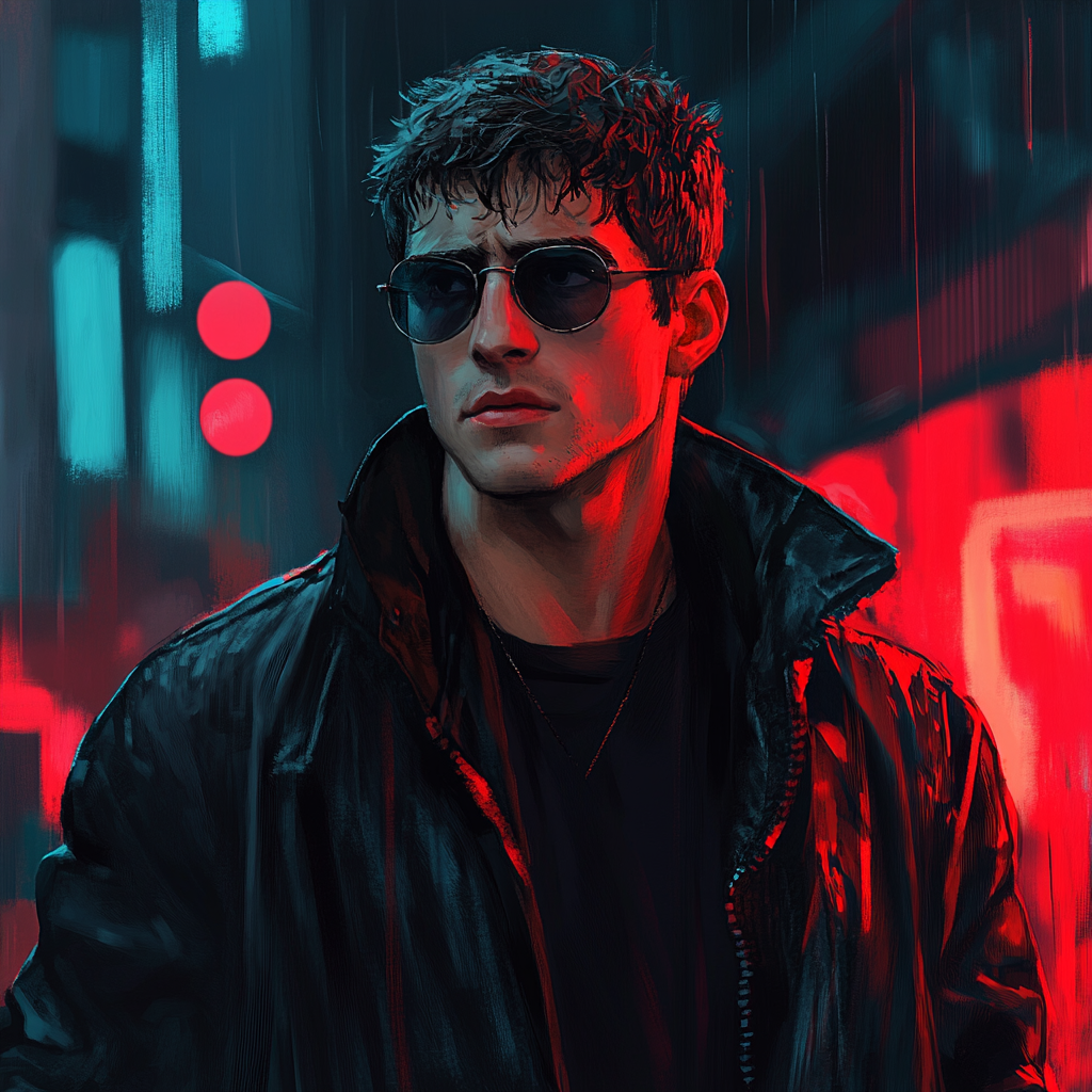 Picture of a man in black leather jacket and sunglasses surrounded by neon lights. A thriller novels antihero.