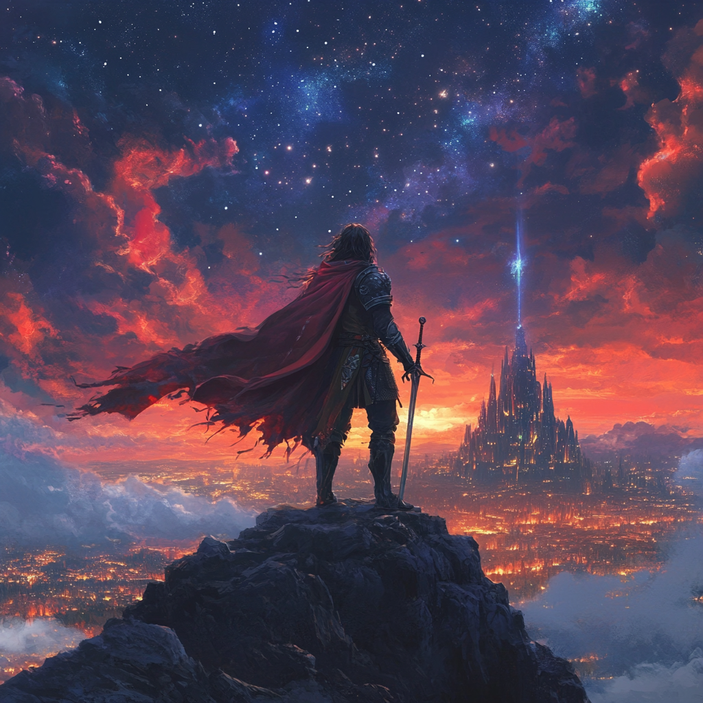 Knight on a quest atop a mountain. String across the land towards the stars and city in the distance.