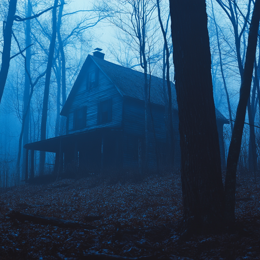 Dark cabin in the woods as a horror setting.