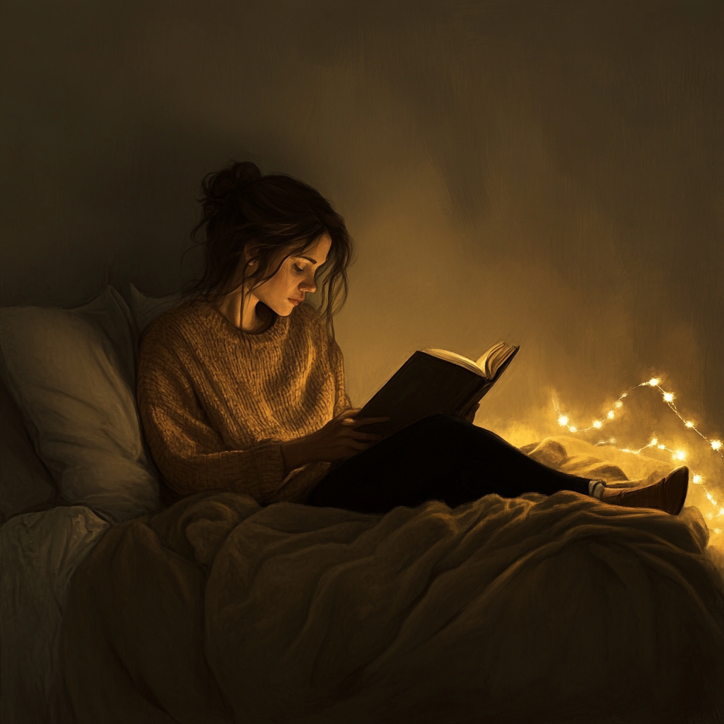 Woman reading a gripping mystery novel into the night.