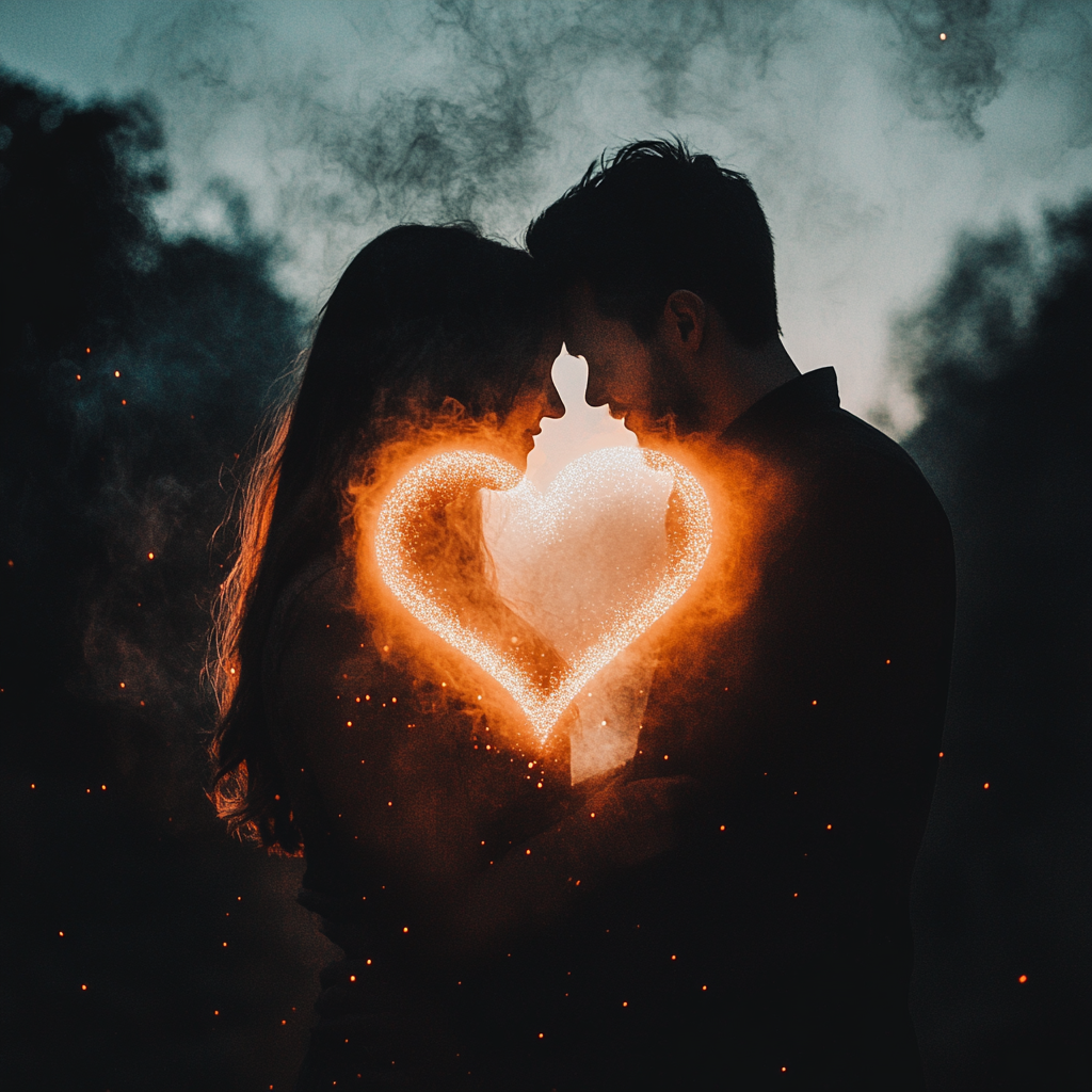 Man and woman in love pressing heads together. A glowing red heart drawn over them.