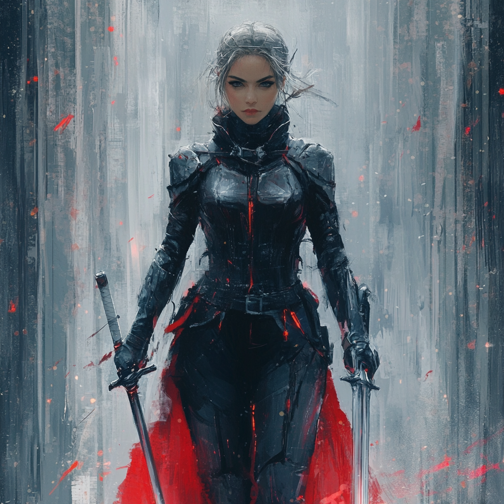 Fantasy hero in armor wielding her two swords.