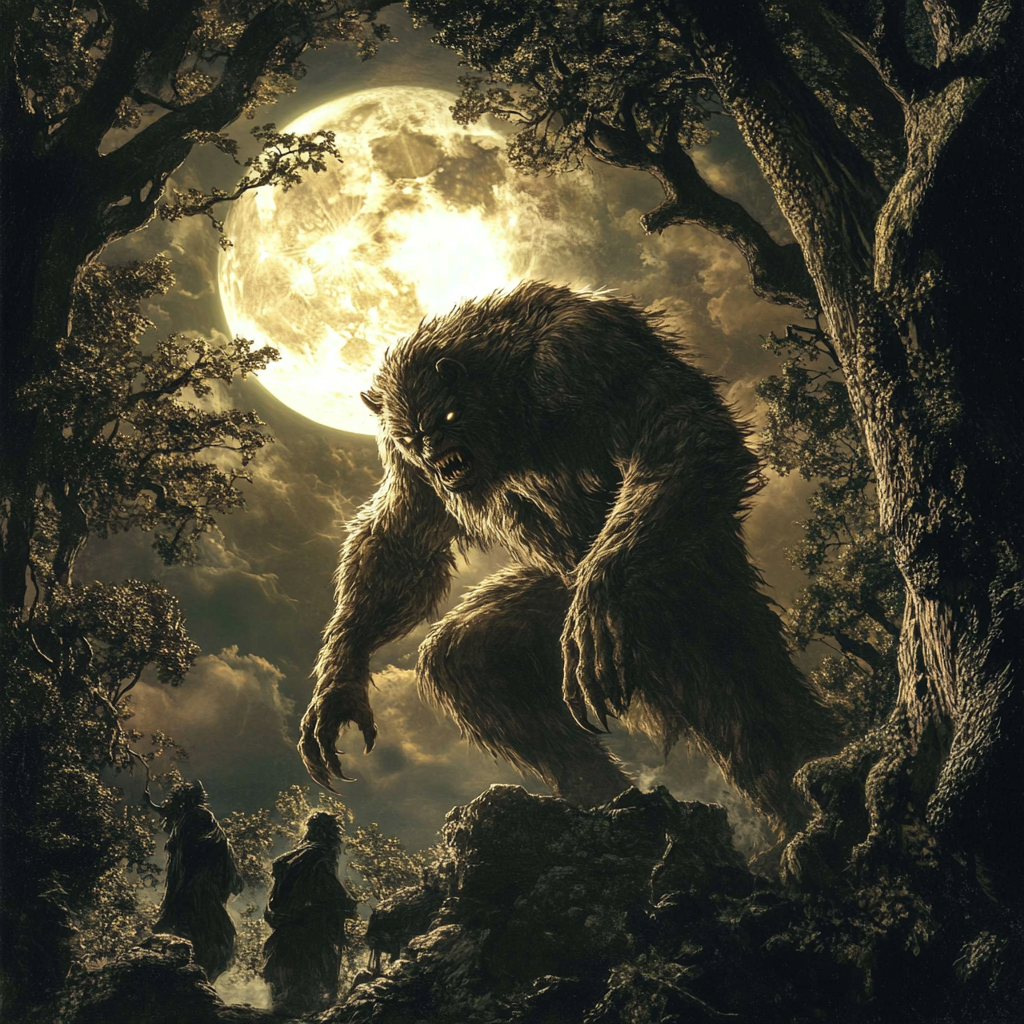 Horror novel monster facing off against people on the night of a full moon.