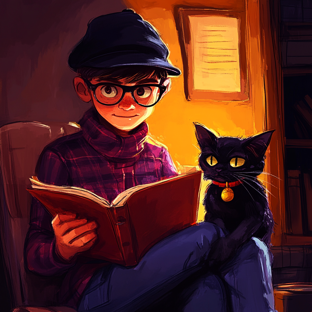 Junior detective reading a mystery novel with his pet black cat.