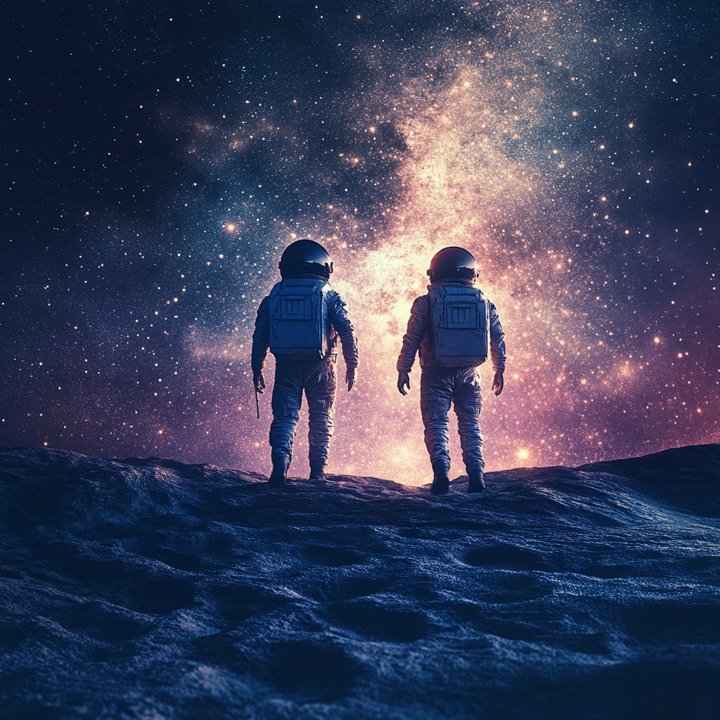 Two space explorers in a science fiction novel staring at the vastness of space above them.