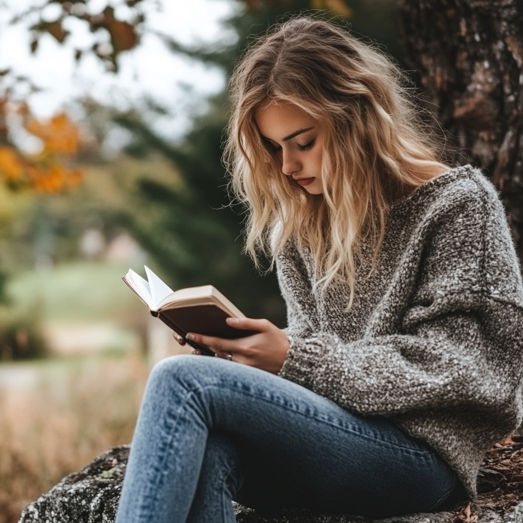 Teen girl reading a book under a tree outside in autumn.